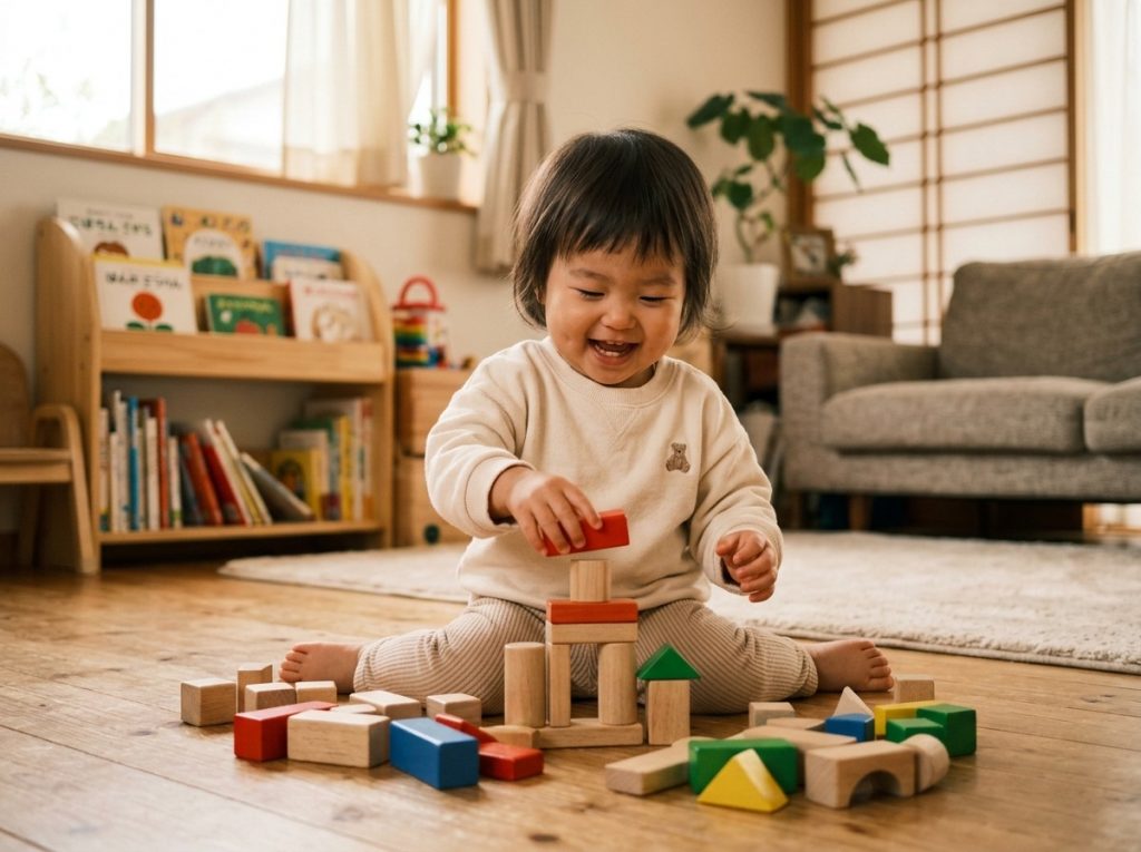 1歳の子どもが積み木で遊びながら声を出しているシーン