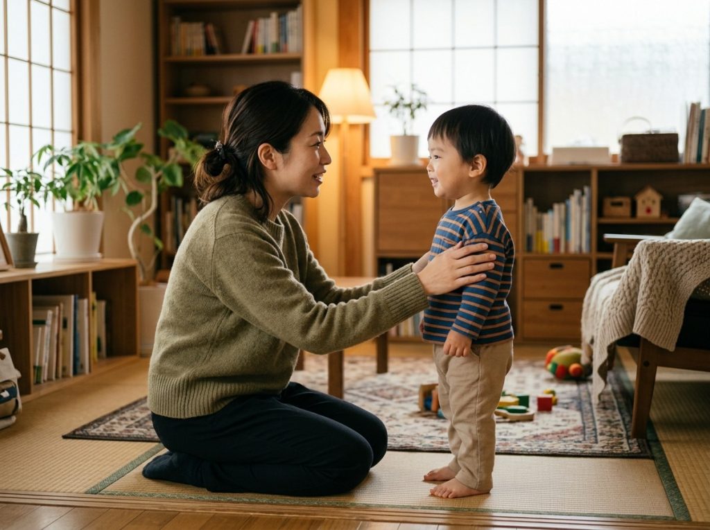親が子どもの目線に合わせてしゃがみ、ゆっくり優しく話しかけているシーン