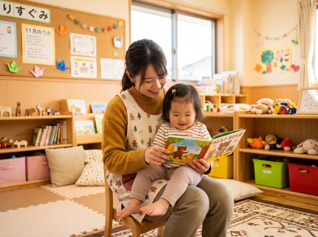 保育教諭が1歳の子どもと絵本を読み聞かせしているシーン