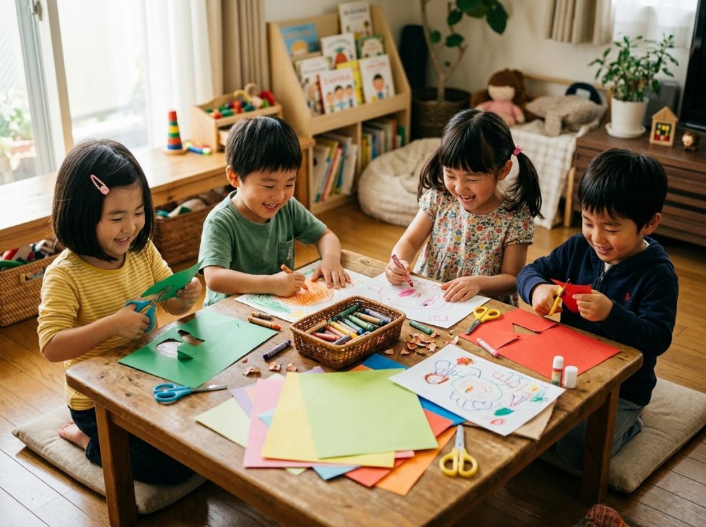 子どもたちが室内でクレヨンや工作道具を使って楽しそうに遊んでいるシーン