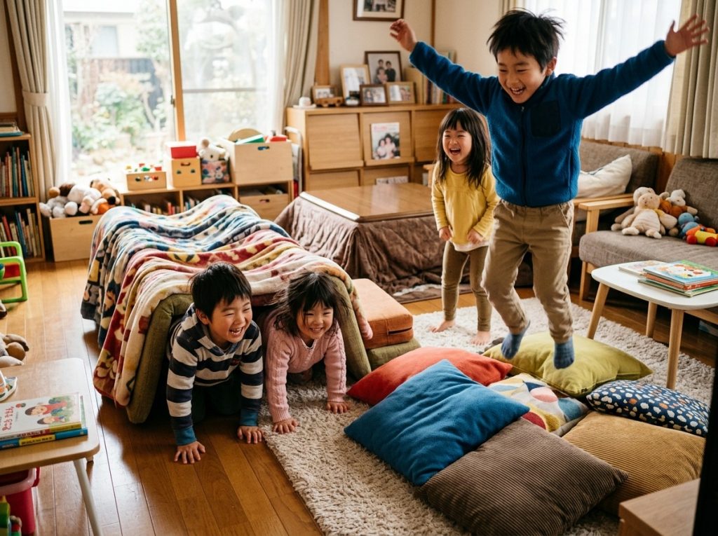 子どもたちがクッションやトンネルを使って室内で体を動かして遊んでいるシーン