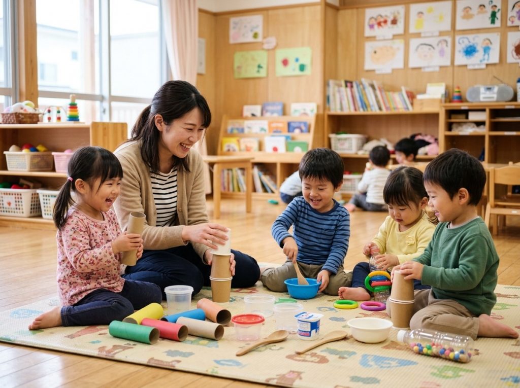 保育教諭が子どもたちと身近なものを使って室内で一緒に遊んでいるシーン