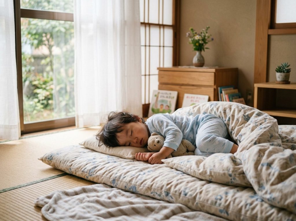 昼間に布団でお昼寝する子どものカーテン越しの柔らかい光のシーン