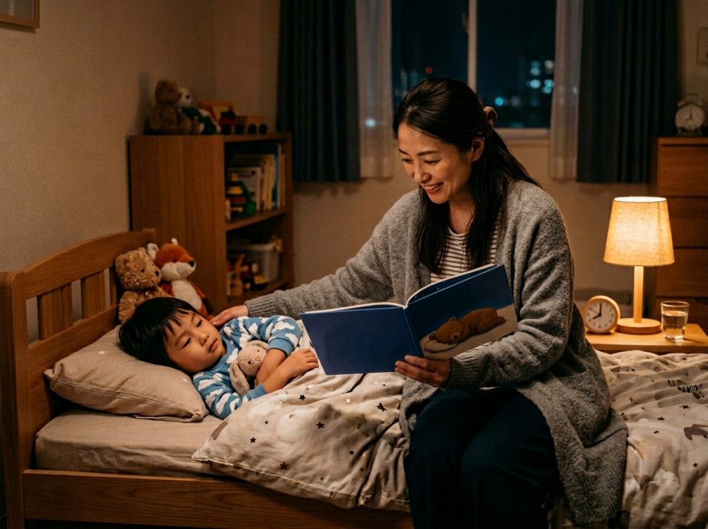 夜に絵本を読みながら子どもを寝かしつけるお母さんの温かいシーン