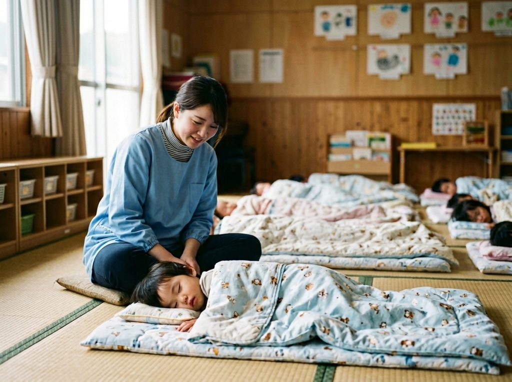 保育教諭がお昼寝中の子どもの傍に優しく寄り添うシーン