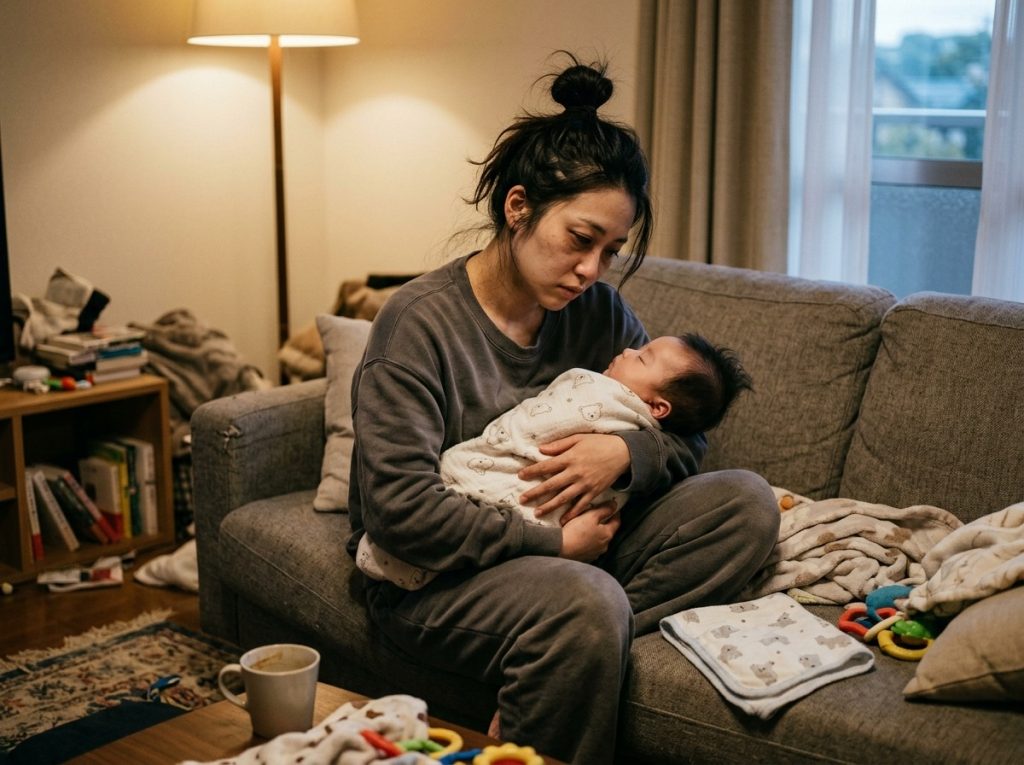 赤ちゃんを抱きながら疲れた表情でソファに座るお母さんのシーン