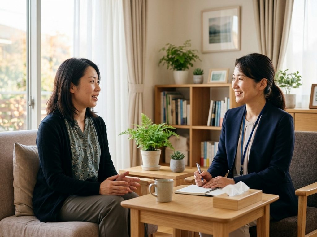 温かい診察室で女性医師やカウンセラーに相談する女性のシーン