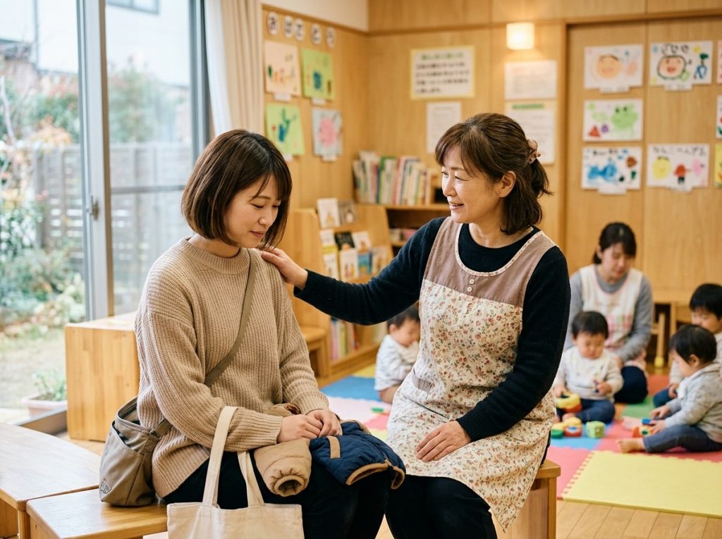 保育教諭が若いお母さんの肩に手を添えて優しく寄り添うシーン