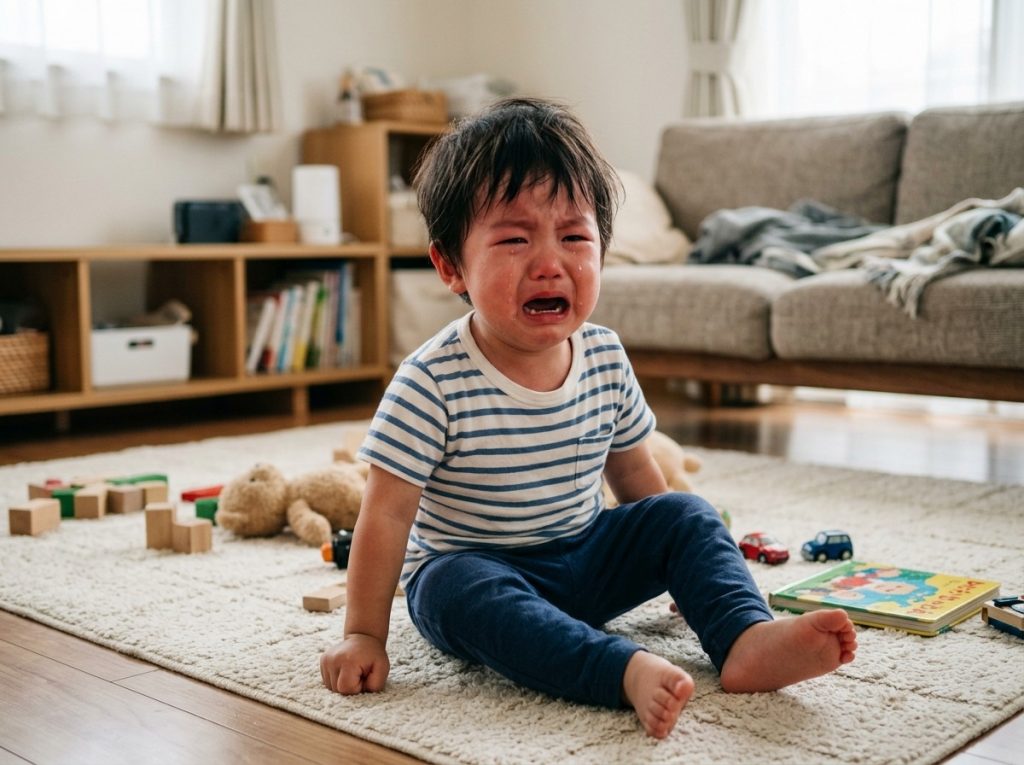 泣きながら癇癪を起こす3歳の子どもの様子