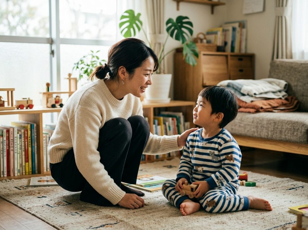 3歳の子どもの目線に合わせてしゃがみ優しく話しかけるお母さんのシーン