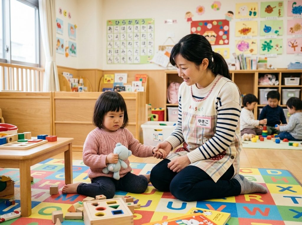 頑固な子どもに保育教諭が粘り強く優しく関わるシーン