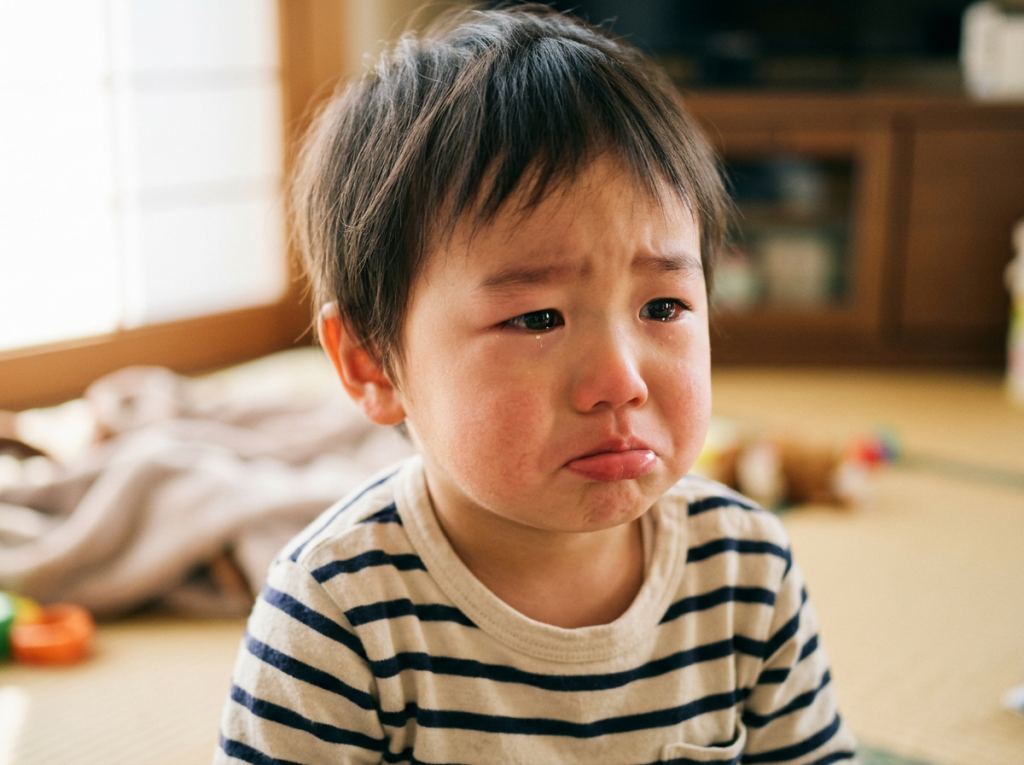 もどかしそうな表情で涙をこらえる2歳の子ども
