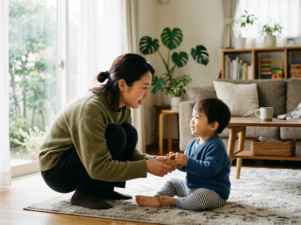 しゃがんで子どもの目線に合わせて優しく話しかけるお母さん