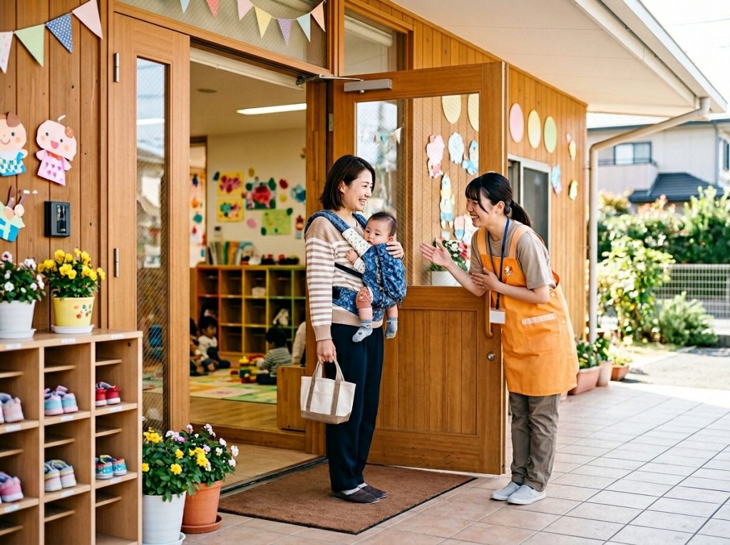 赤ちゃんを連れて保育園を見学するお母さんと迎える保育士のシーン