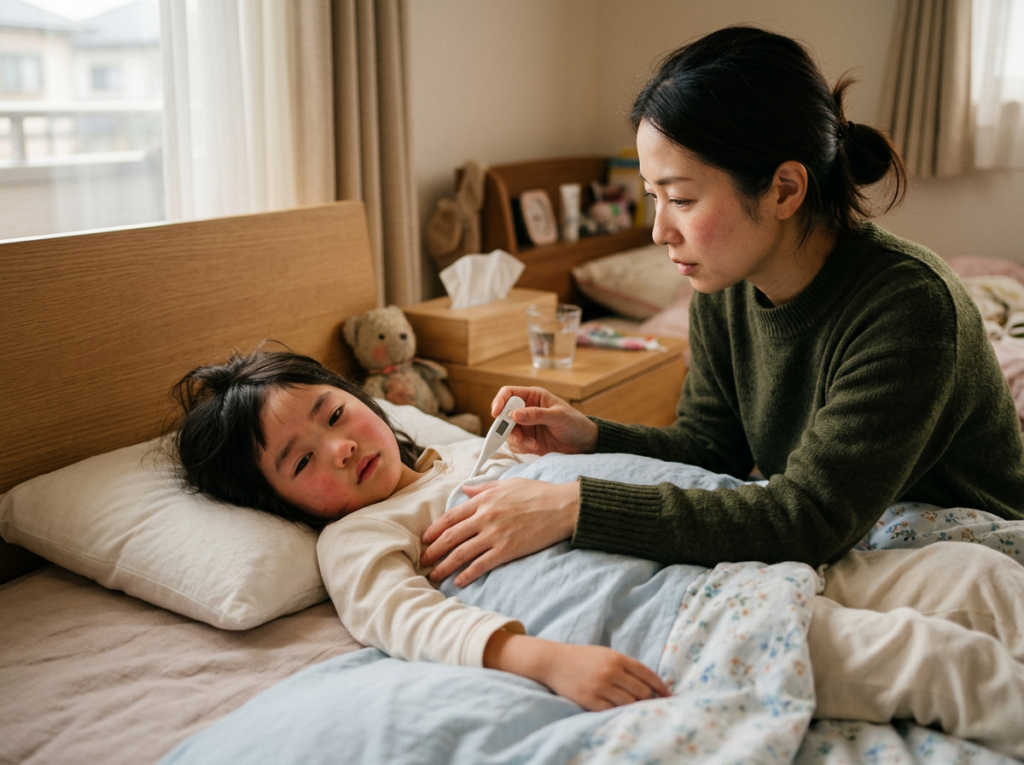 体温計で熱を測る子ども、ベッドで横になりぐったりした様子