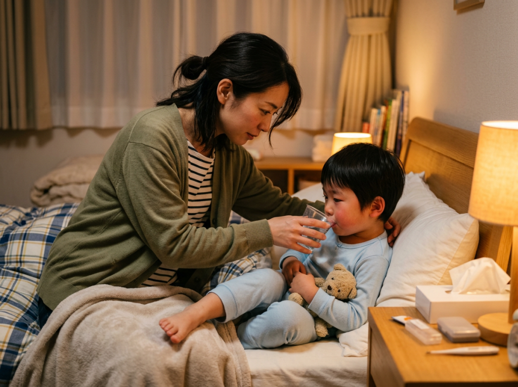 発熱中の子どもにお母さんが飲み物を飲ませて水分補給するシーン