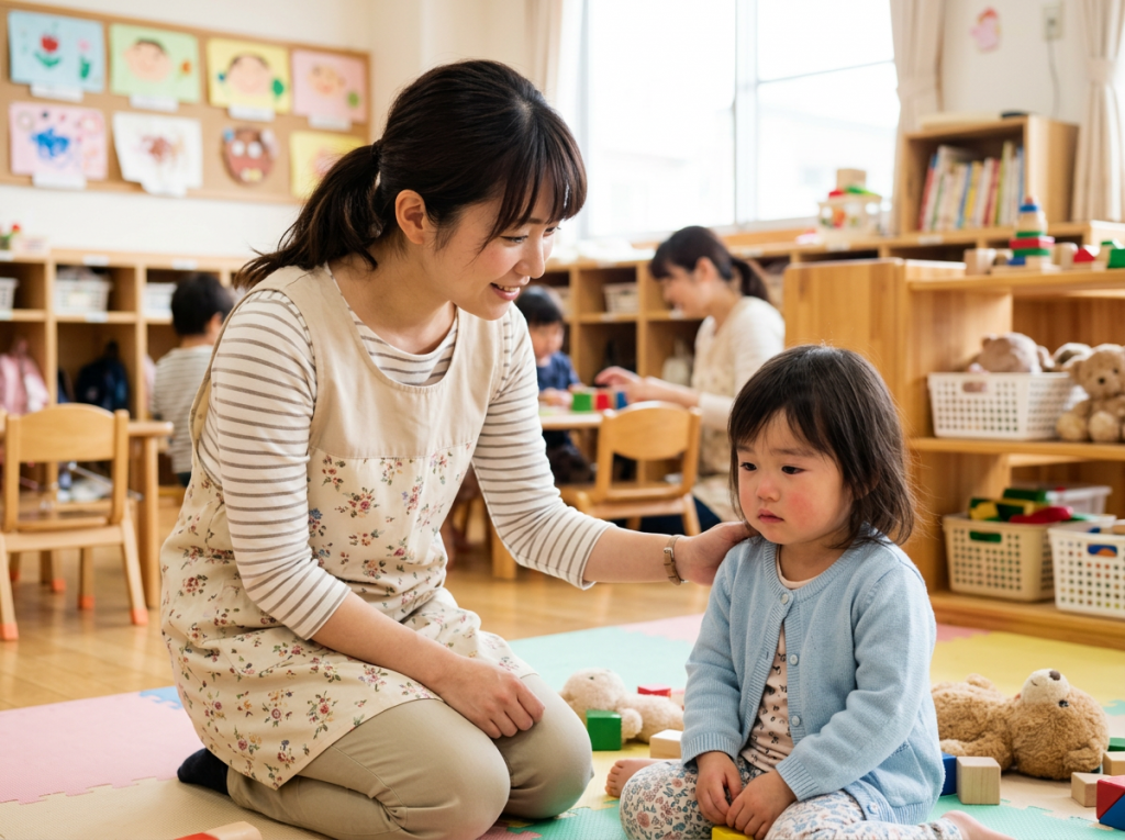 体調不良の子どもに優しく寄り添う保育教諭のシーン
