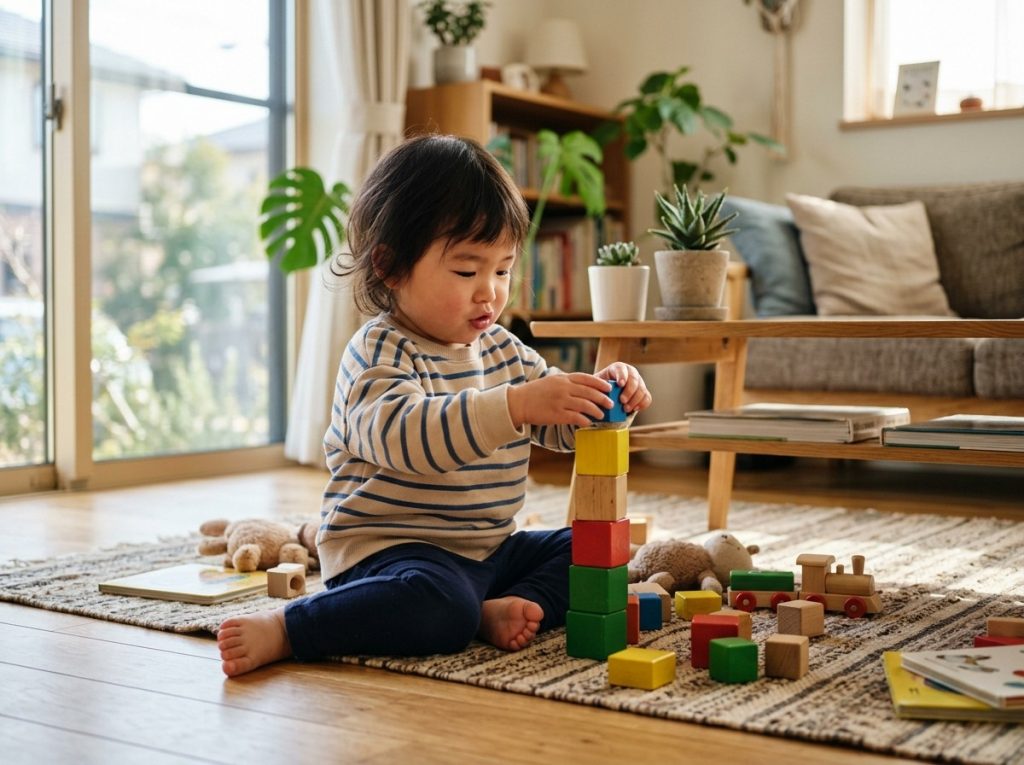 おもちゃで遊びながらゆっくり言葉を発している2歳の子どものシーン
