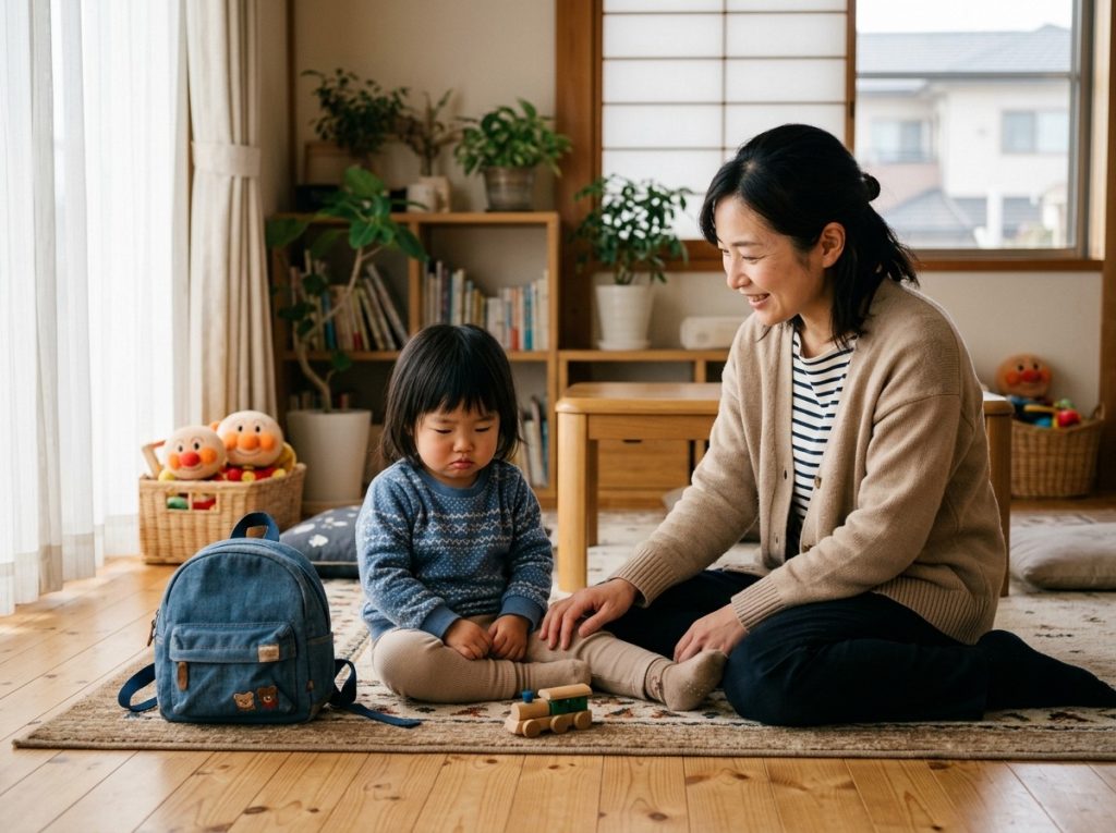 朝の支度で床に座って嫌がる子どもの隣に優しく寄り添うお母さんのシーン