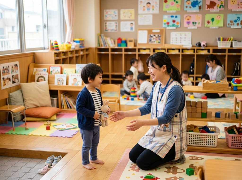 保育士が笑顔で小さな子どもを温かく迎え入れ、子どもが少し笑顔になっているシーン