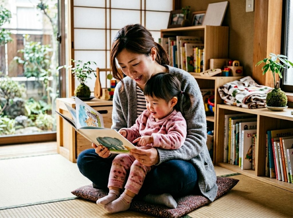 2歳の子どもと絵本を見ながらゆっくり話しかけるお母さんのシーン