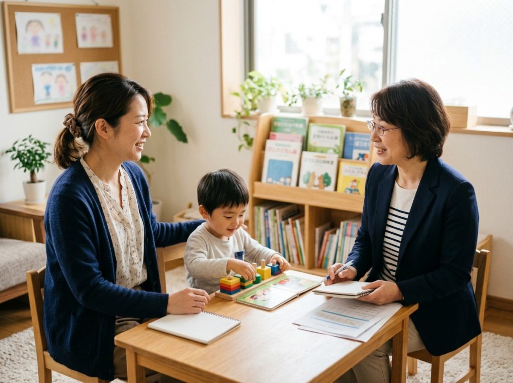 子どもの発達について安心した表情で相談するお母さんのシーン