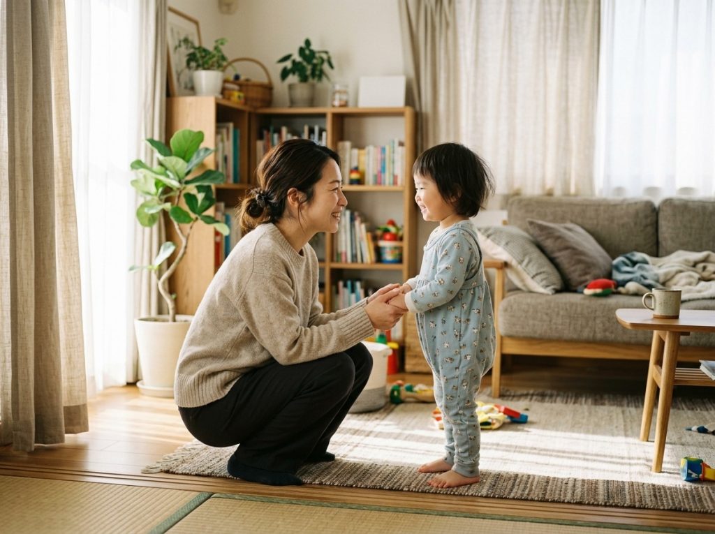 子どもの目線に合わせてしゃがみ、手をつないで笑顔で話しかけるお母さんのシーン